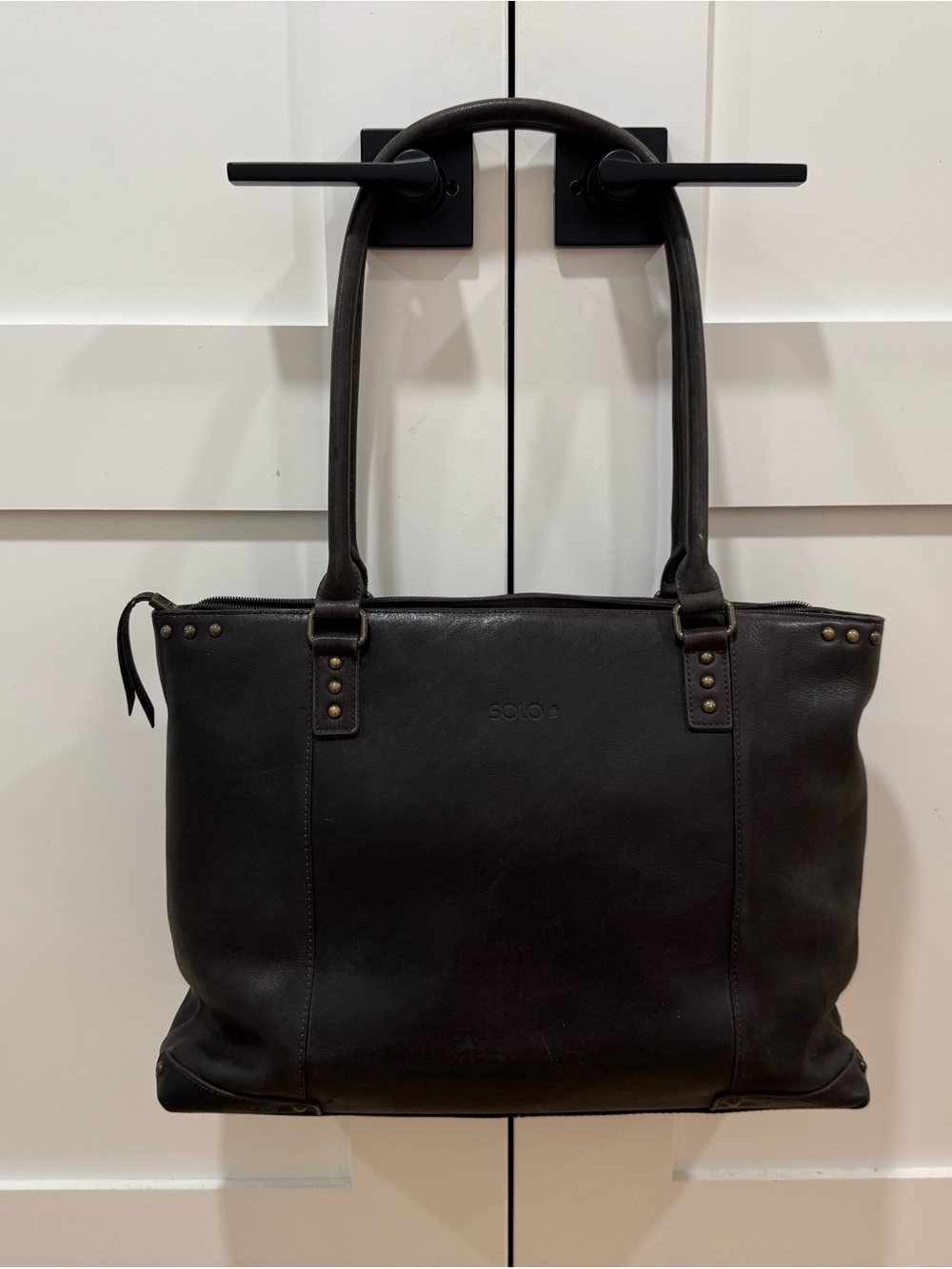 solo Dark Brown Leather Tote with Stud Accents